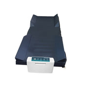 Blue inflatable mattress with a control box on a white background