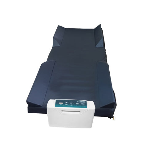 Blue inflatable mattress with a control box on a white background