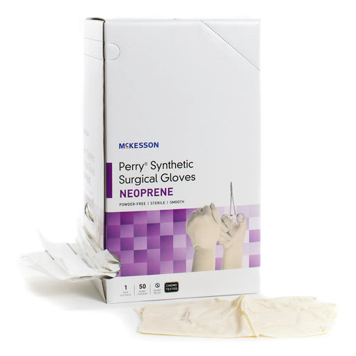 Box of McKesson Perry Synthetic Surgical Gloves Neoprene with gloves displayed on a white background