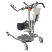 A motorized lift with a silver metal frame, black seat and footrest, gray caster wheels, and a white control panel with red buttons, shown on a white background.