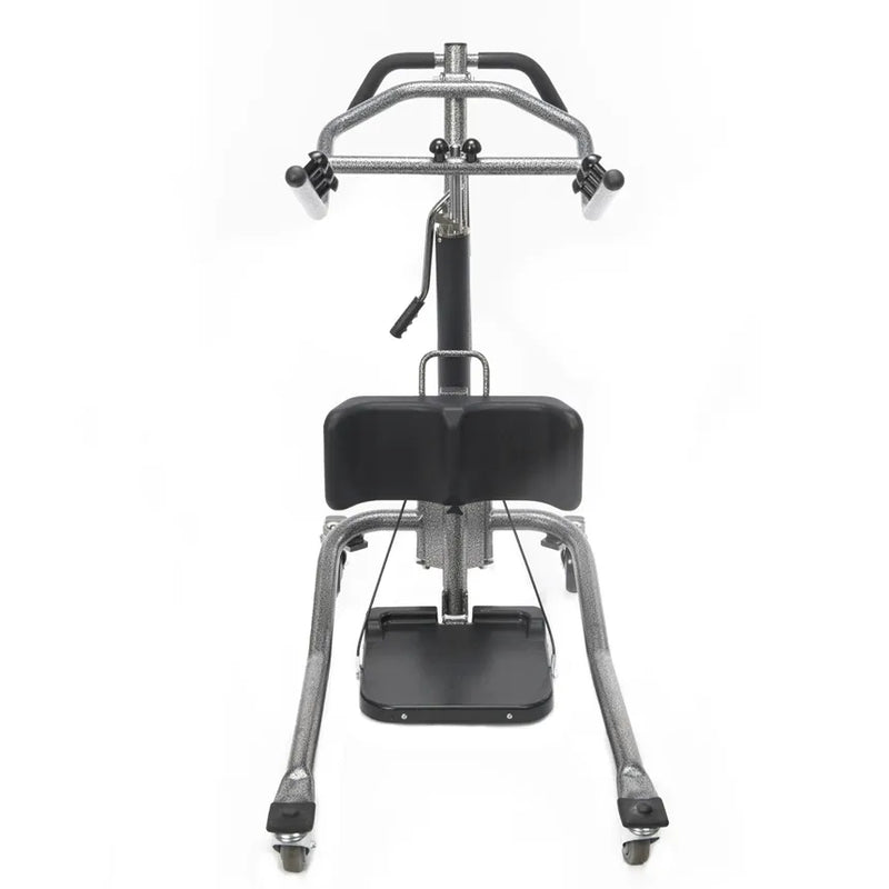 A patient lift with a black padded seat and backrest, a chrome metal frame, and a curved armrest structure on casters, shown against a plain white background.