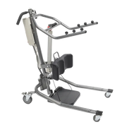 A motorized lift with a textured gray metal frame, black padded seat and backrest, and caster wheels, shown on a plain white background.