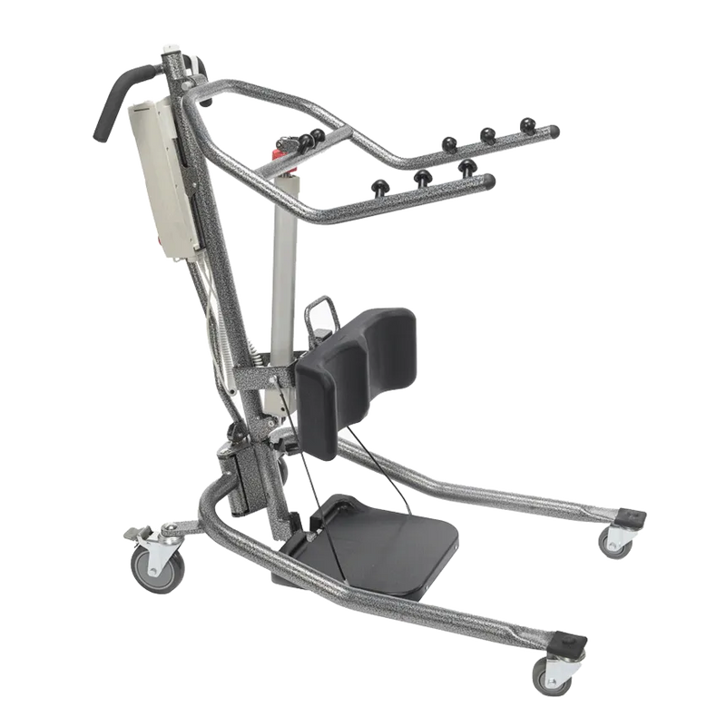 A motorized lift with a textured gray metal frame, black padded seat and backrest, and caster wheels, shown on a plain white background.