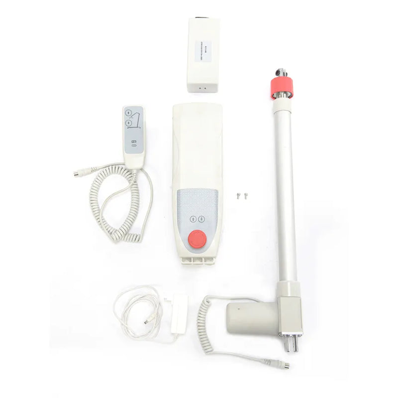 An electric lift system with its various components laid out on a white background, including a main motorized pole with a red end cap, a remote control with a coiled cord, a battery pack, a control box, and mounting hardware.