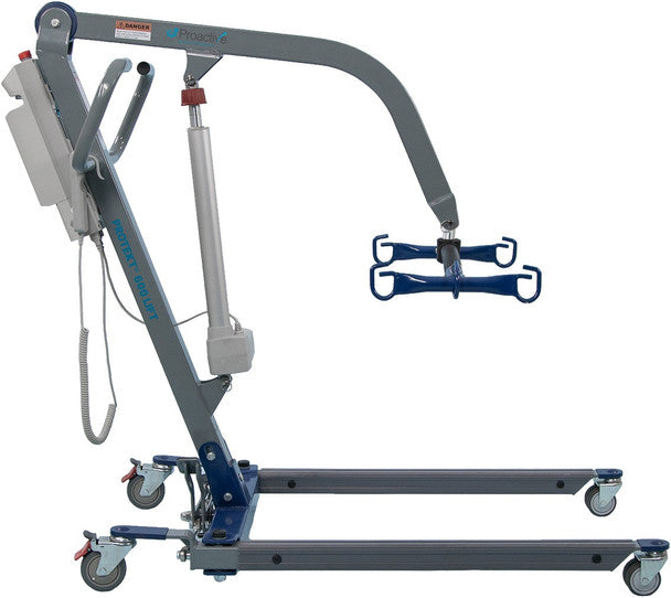 A medical patient lift with a gray and blue frame, featuring a control panel on the left, a hydraulic arm, and a blue patient sling accessory shown to the right, all on a white background.