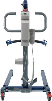 A medical or hospital bed transfer lift with a gray frame, blue base, and red caster wheels, shown against a plain white background.