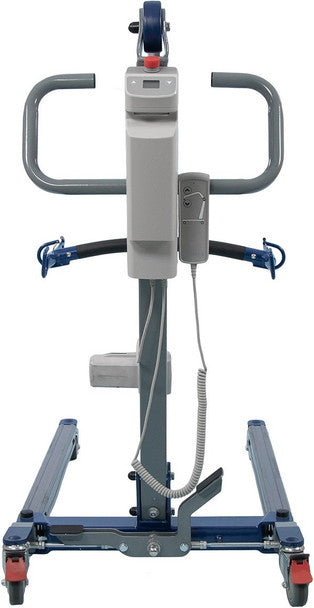 A medical or hospital bed transfer lift with a gray frame, blue base, and red caster wheels, shown against a plain white background.