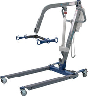 A medical patient lift with a gray and blue aluminum frame, four caster wheels, and a curved support arm with blue hand grips, shown on a plain white background.