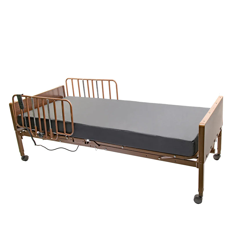 Hospital bed with metal frame and mattress on a white background