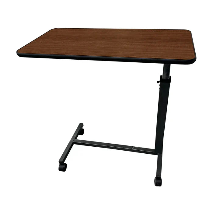 Wooden top adjustable table with black metal frame on a white background