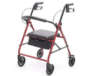 Red rollator with a black seat on a white background