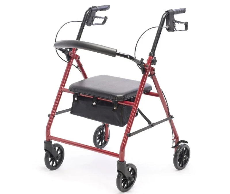 Red rollator with a black seat on a white background