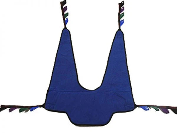 Blue transfer sling with colorful trim on a white background