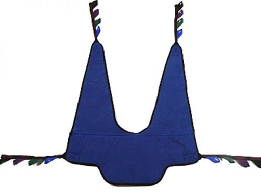 Blue transfer sling with colorful trim on a white background