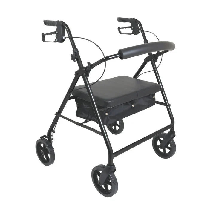 Black rollator with four wheels on a white background