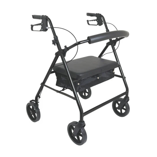 Black rollator with four wheels on a white background