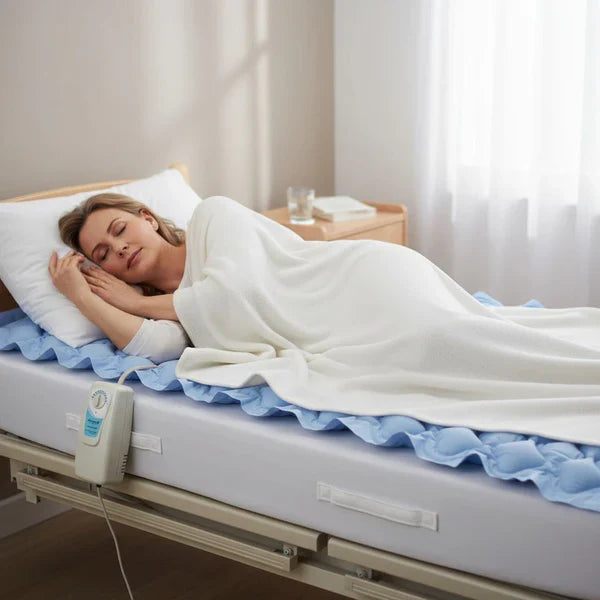 Woman lying in bed with a medical mattress pad in a bright room.