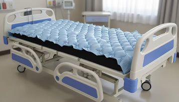 Hospital bed with a blue mattress in a clinical setting