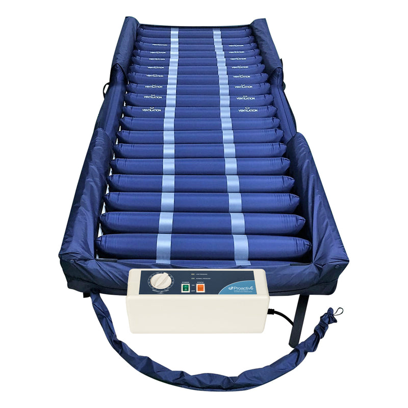 Blue air mattress with control panel on a white background