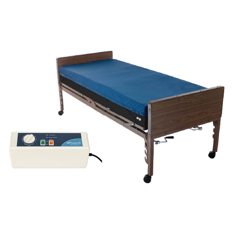 Hospital bed with blue mattress and control panel on a white background