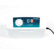 White and blue medical device with a brand logo on a white background