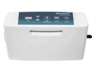 White electronic device with a blue display on a white background