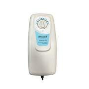 White electronic device with a blue label on a white background