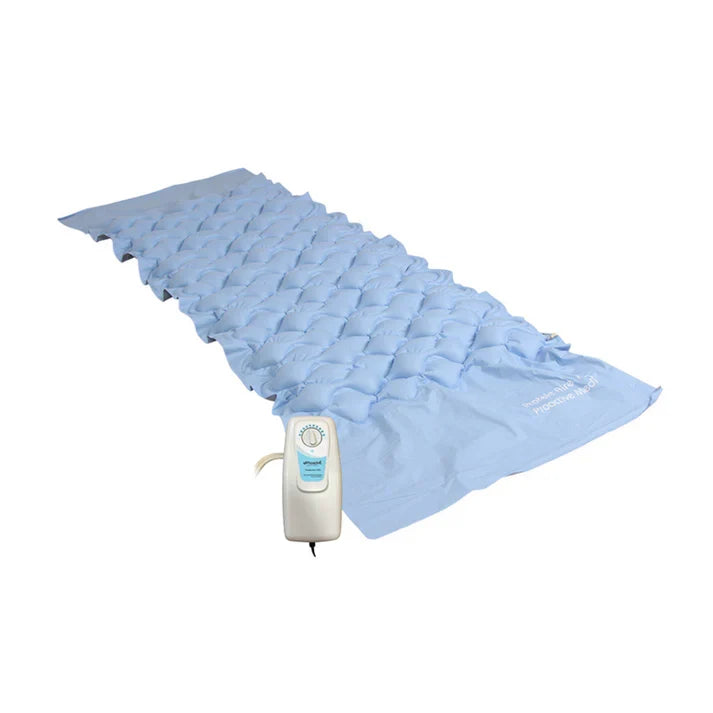 Blue inflatable bed with a control panel on a white background