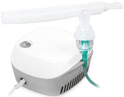 White and gray handheld nebulizer with hose on a white background