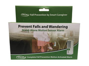 Package of a stand-alone motion sensor alarm for fall prevention by Smart Caregiver on a white background.