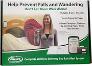 Advertisement for a wireless bed exit alert system with a woman holding a device and text about preventing falls and wandering.