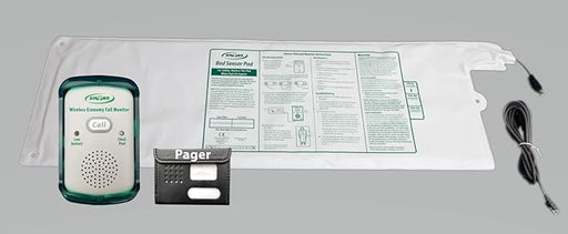 Set of medical equipment including a pager, sensor pad, and cable on a gray background