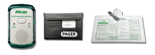 Set of safety equipment including a pager, cardholder, and information sheet on a white background
