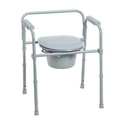 Gray metal commode chair with a white background