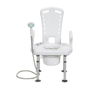 White shower chair with adjustable legs and handheld shower head on a white background