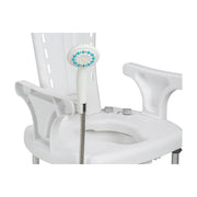 White shower chair with handheld shower head on a white background