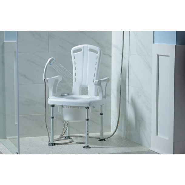 White shower commode chair with adjustable arms in a bathroom setting.
