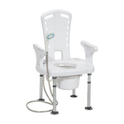 White commode chair with shower attachment on a white background