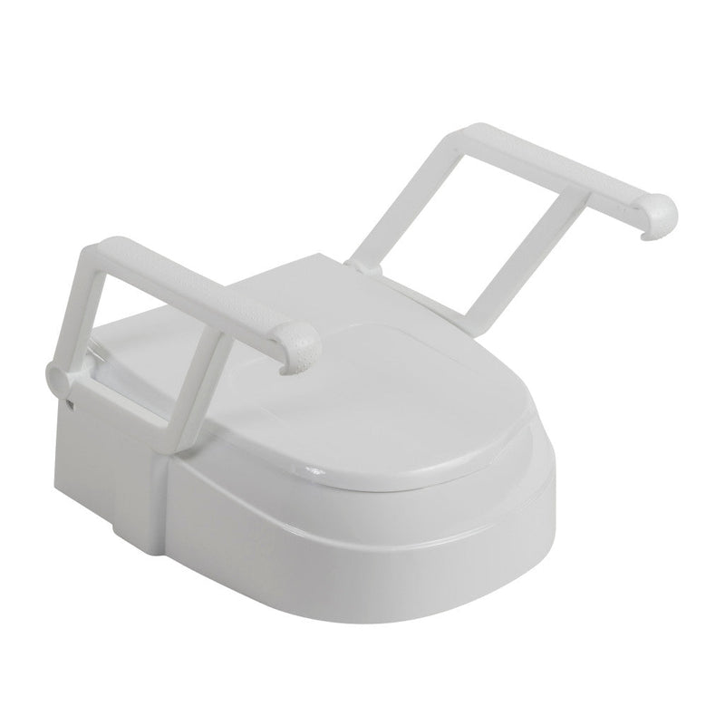 White toilet seat with armrests on a white background