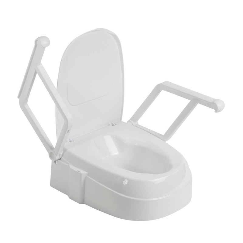 White toilet seat with armrests on a white background