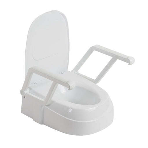 White raised toilet seat with a support handle on a white background