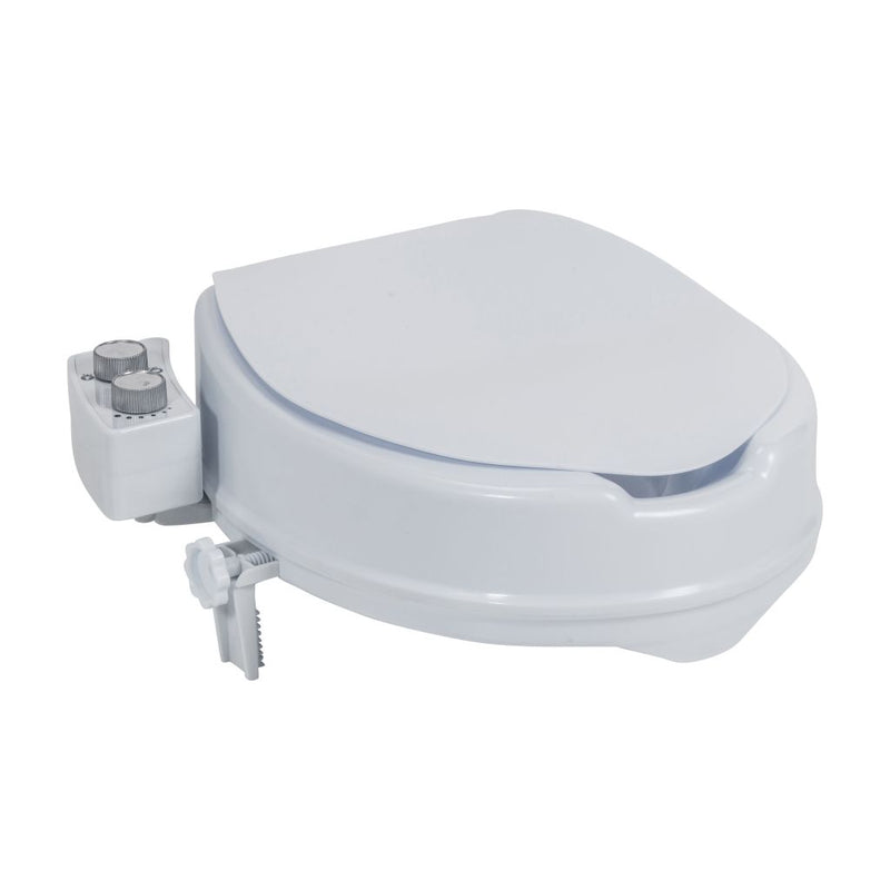 Raised toilet seat with adjustable mechanism on a white background