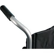 Close-up of a wheelchair handle with black grip on a white background