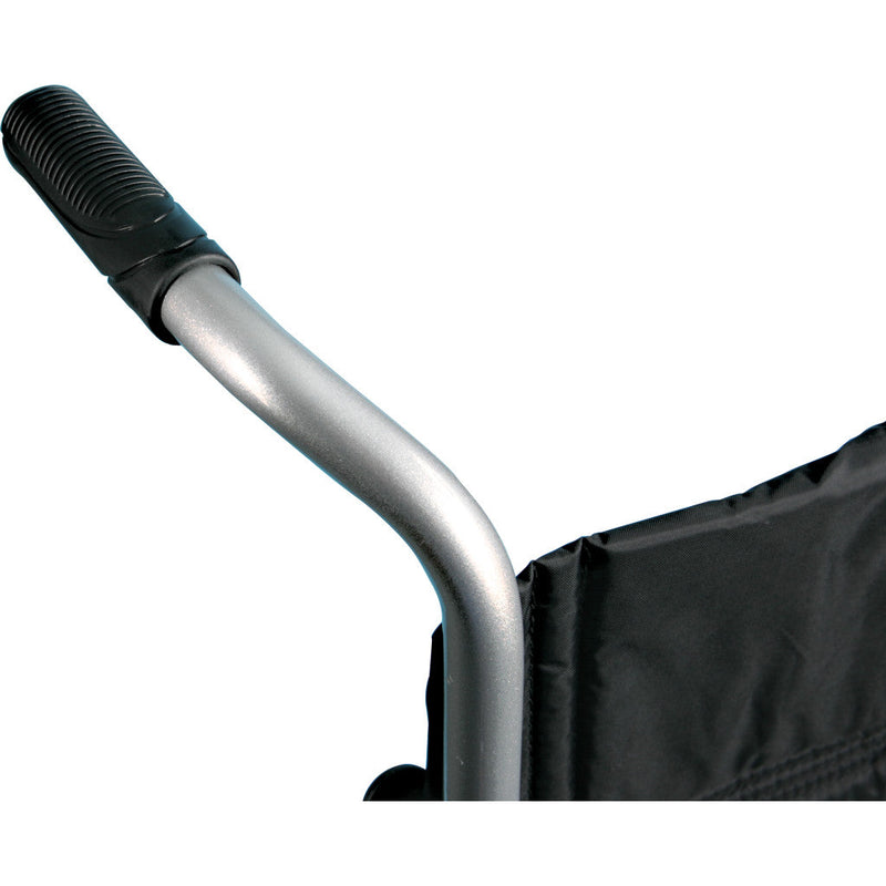 Close-up of a wheelchair handle with black grip on a white background