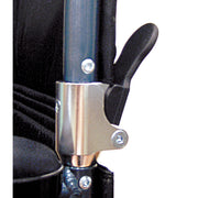 Close-up of a metal handlebar grip on a motorcycle with a white background