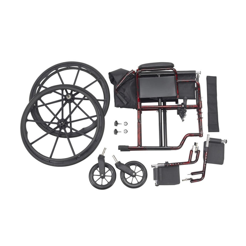 Disassembled wheelchair with wheels on a white background