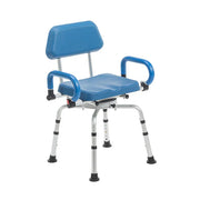Blue shower chair with backrest and armrails on a white background