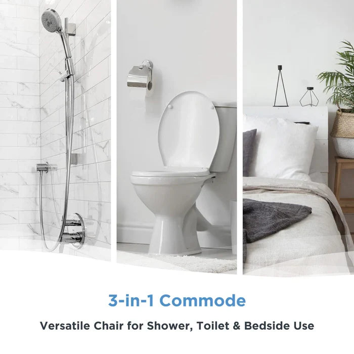 Collage of bathroom elements with a 3-in-1 commode labeled, featuring a shower, toilet, and bed.