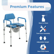Blue commode chair with features listed on a blue and white background
