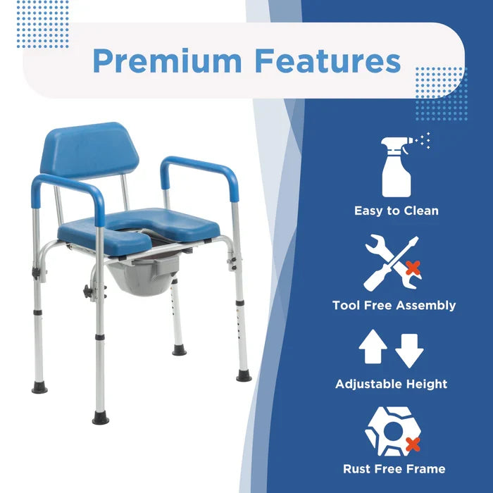 Blue commode chair with features listed on a blue and white background